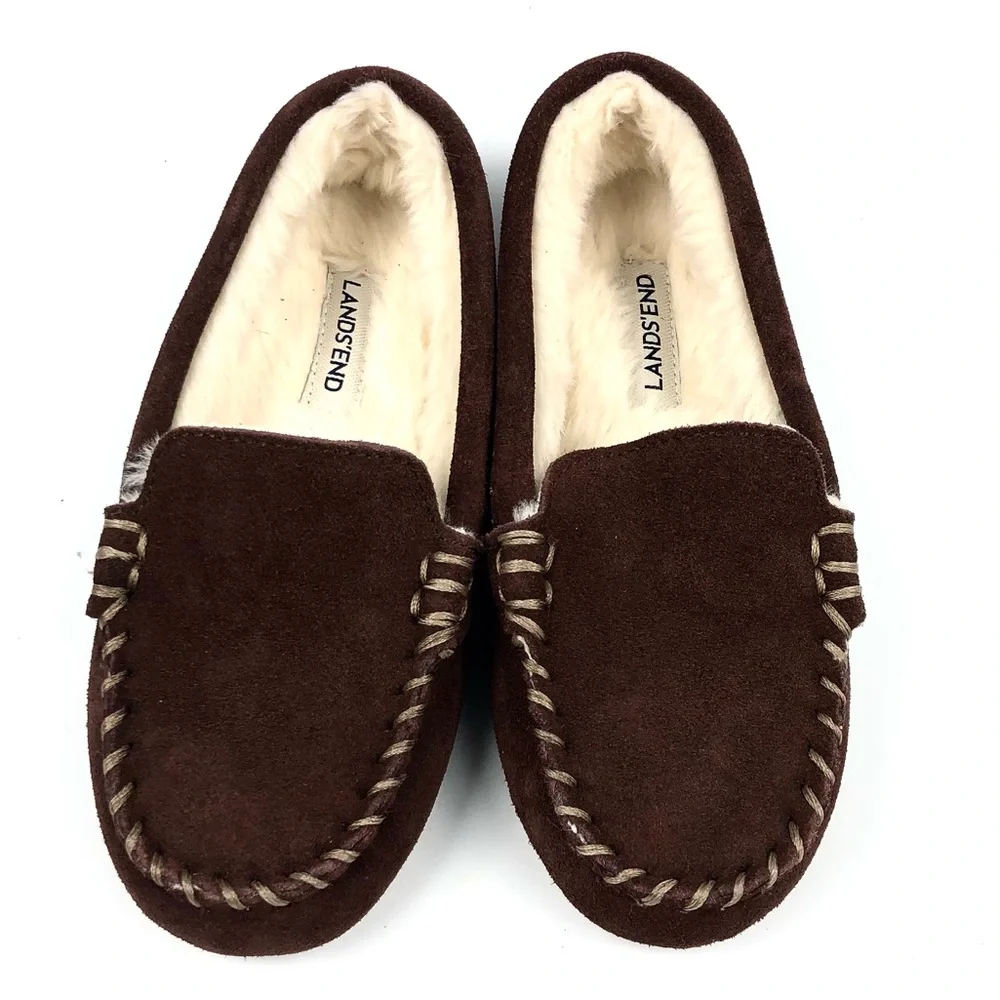 Lands End Kids Brown Suede Moccasin Slipper Sz 13